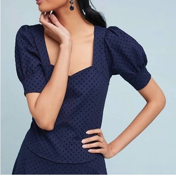 MAEVE SWISS DOT MILKMAID CORSET PUFF SLEEVES NAVY BLOUSE SZ SMALL EUC - Picture 2 of 8